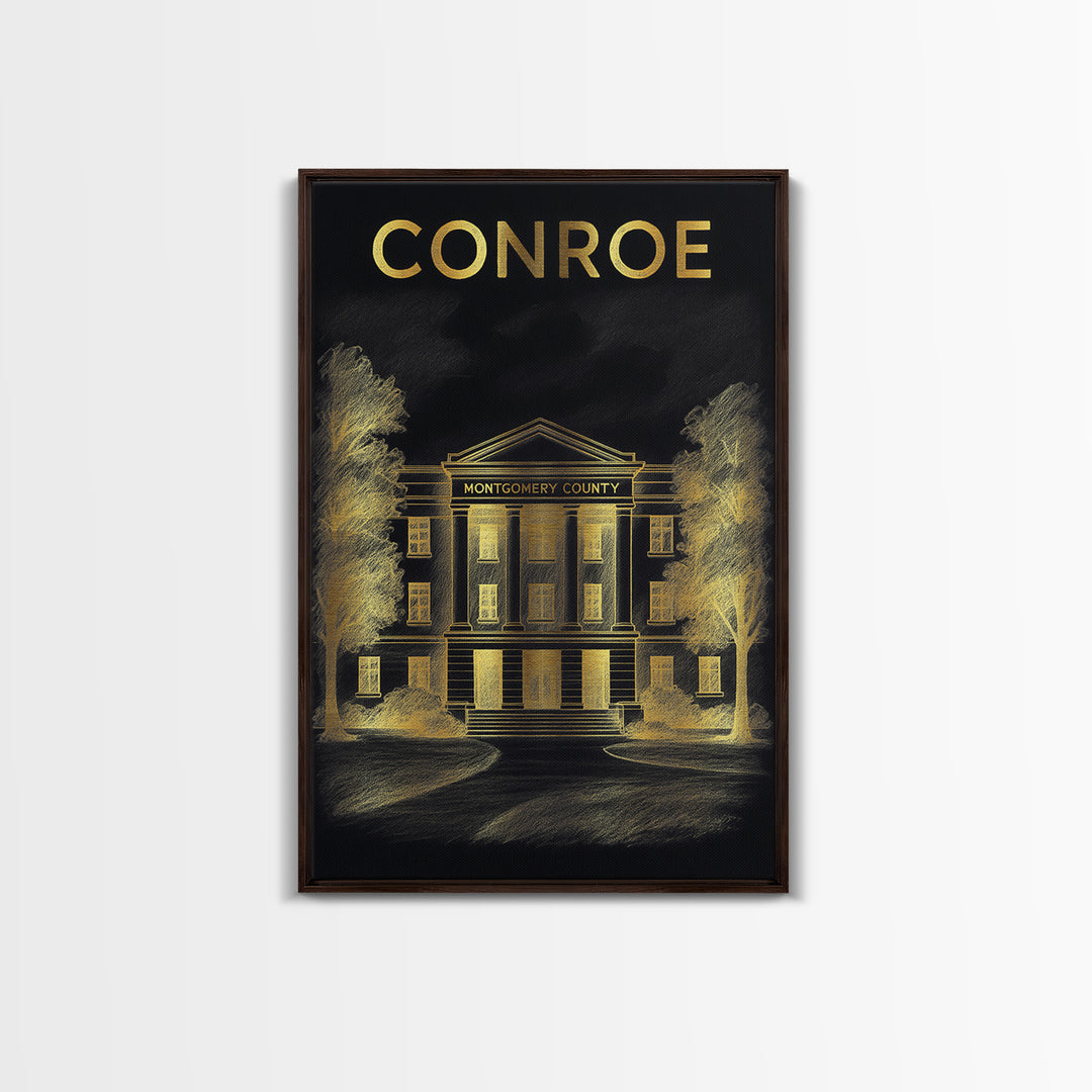 Conroe Texas Travel Poster, Canvas Print, Black And Gold Line Art, Conroe Travel Art, Travel Wall Decor, City Art Print, Travel Poster Art