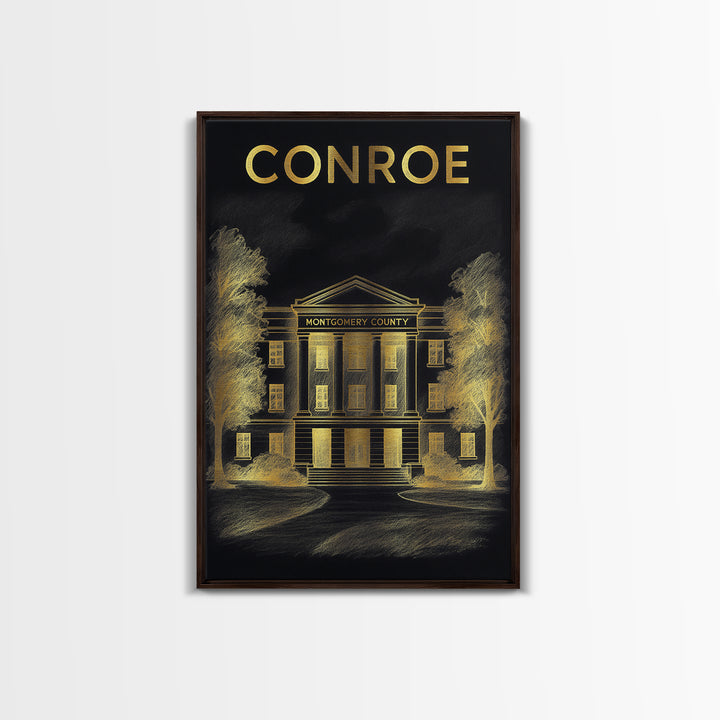Conroe Texas Travel Poster, Canvas Print, Black And Gold Line Art, Conroe Travel Art, Travel Wall Decor, City Art Print, Travel Poster Art