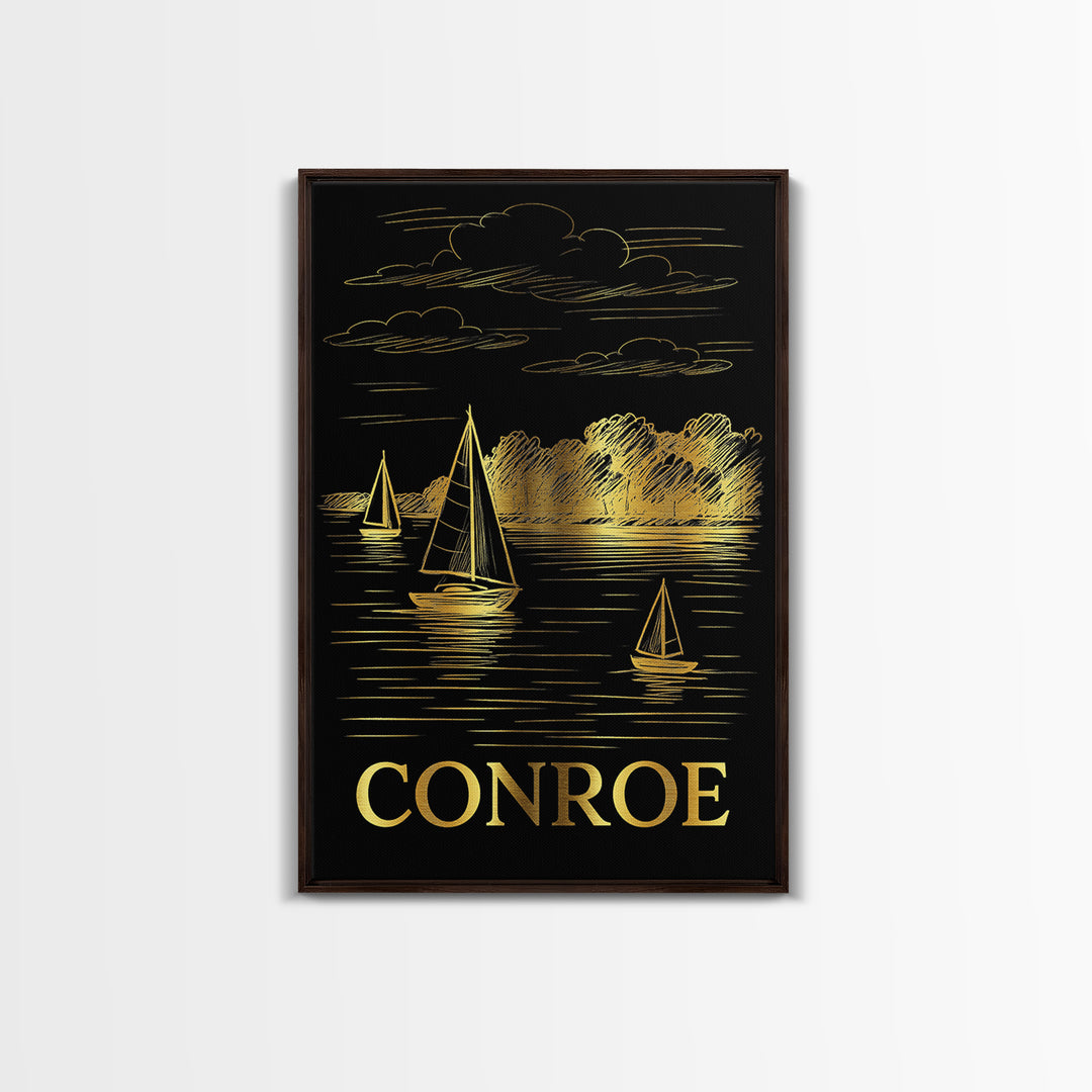 Conroe Travel Poster, Canvas Print, Black And Gold Line Art, Conroe City Art, Travel Wall Decor, Retro Travel Print, Home Office Decor
