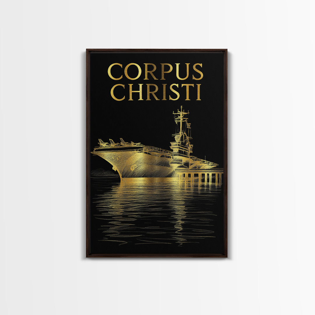 Corpus Christi Travel Poster, Framed Canvas Print, Elegant Gold City Art, Corpus Christi Art Print, Travel Wall Decor, Living Room Wall Art
