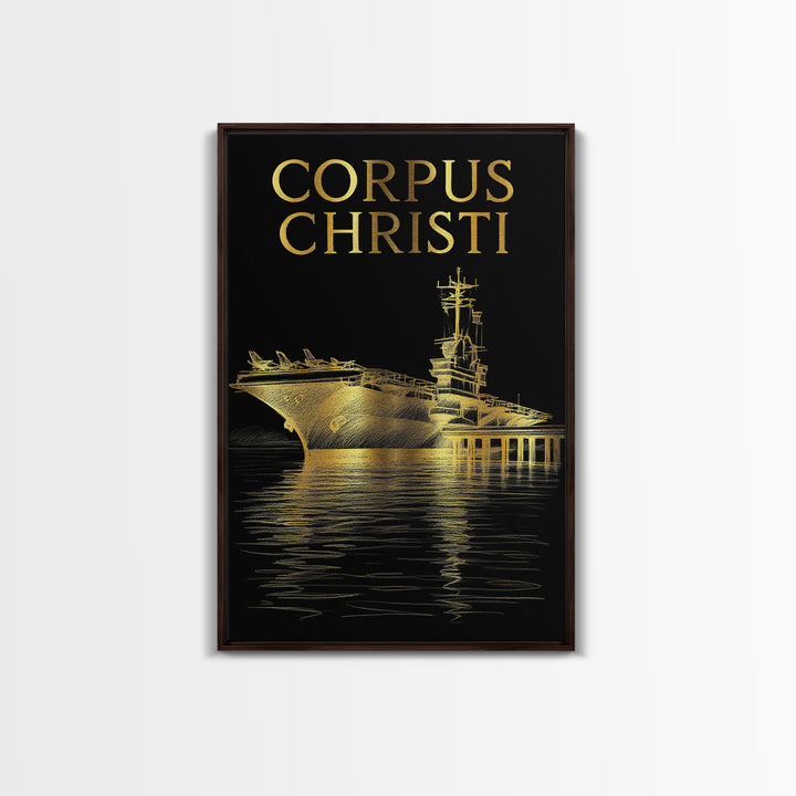 Corpus Christi Travel Poster, Framed Canvas Print, Elegant Gold City Art, Corpus Christi Art Print, Travel Wall Decor, Living Room Wall Art