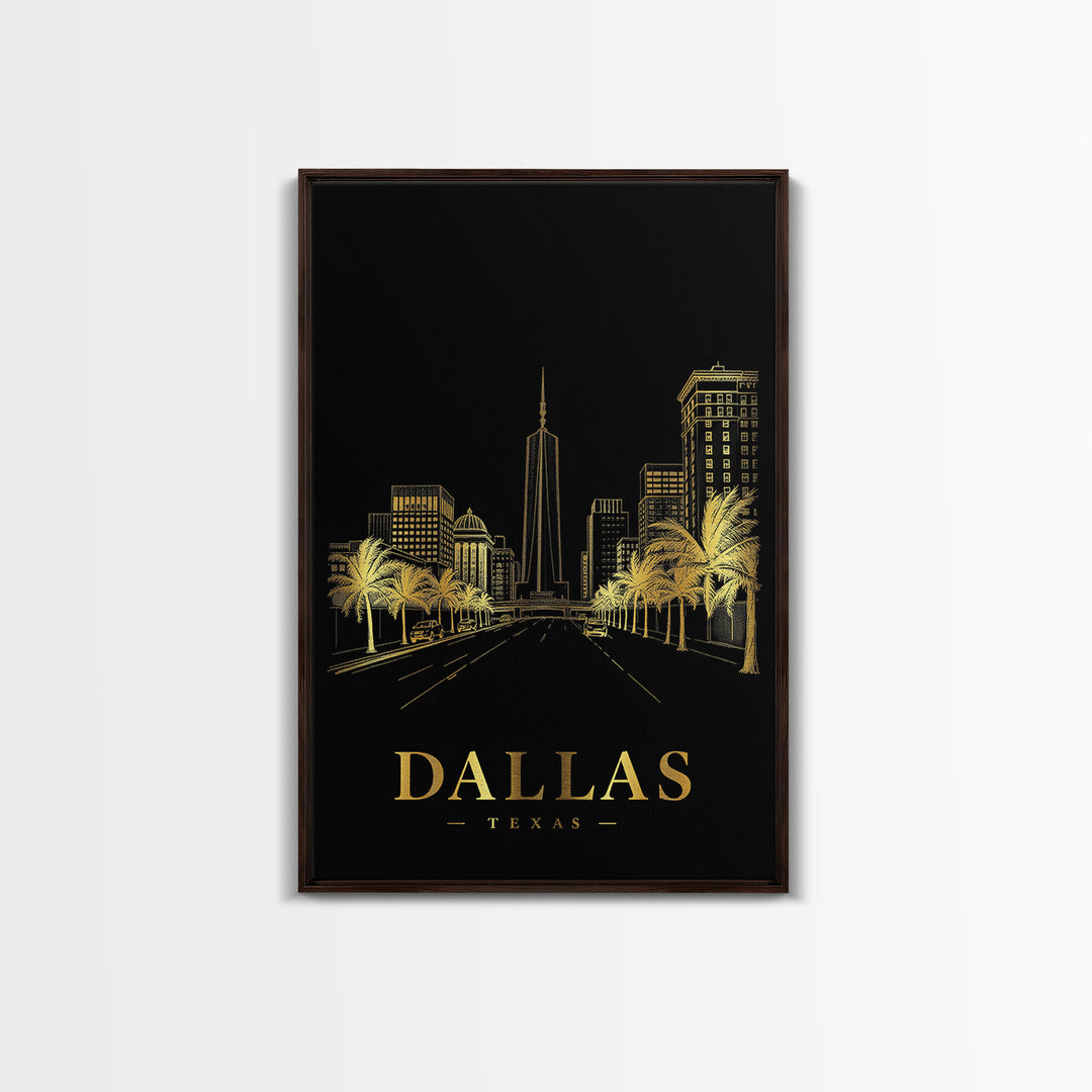 Dallas Texas Travel Poster, Canvas Print, Gold Sketch Wall Art, Dallas Wall Art, Travel Wall Art, Art Print, Vintage City Art, Art Print