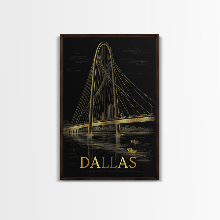 Dallas Travel Poster, Framed Canvas Print, Black And Gold Line Art, Dallas Wall Art, Fine Art Print, Vintage City Poster, City Illustration