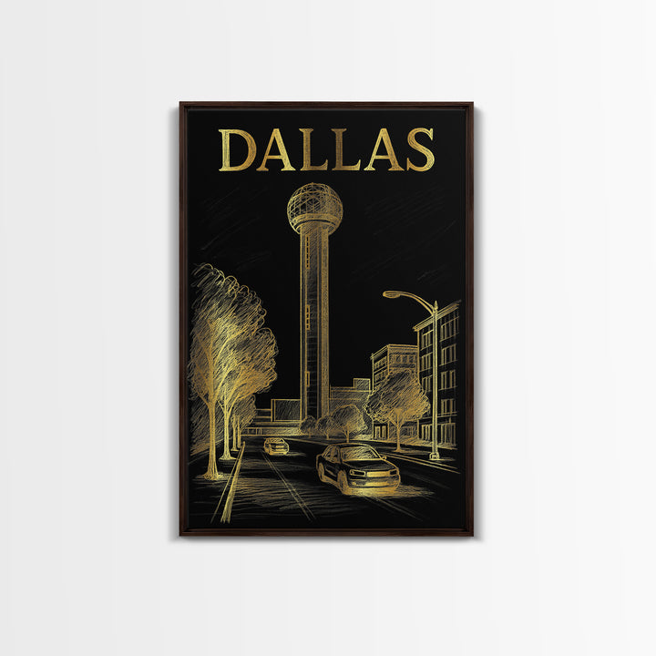 Dallas Travel Poster, Framed Canvas Print, Black And Gold Line Art, Dallas Poster Print, Vintage Travel Print, Travel Poster Set