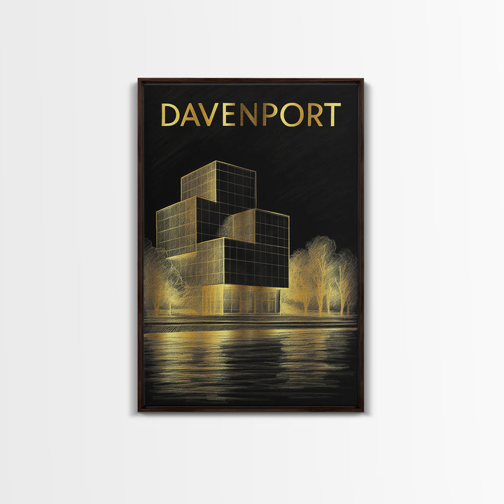 Davenport Iowa Travel Poster, Framed Canvas Print, Dark Background Poster Art, Davenport Wall Art, Gift For Travelers, Modern Wall Decor