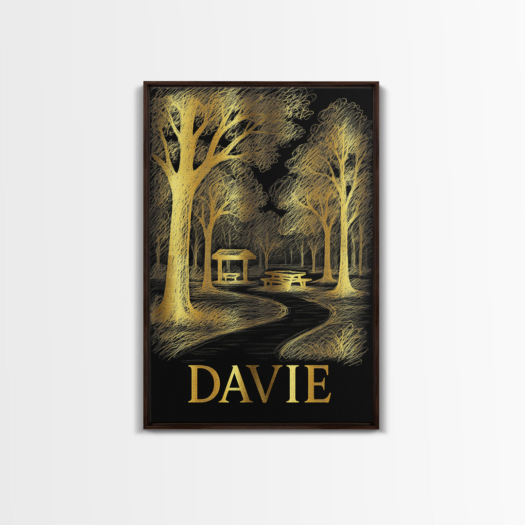 Davie Travel Poster, Framed Canvas Print, Elegant Gold City Art, Davie Travel Art, Vintage City Poster, Living Room Wall Art, Design 2