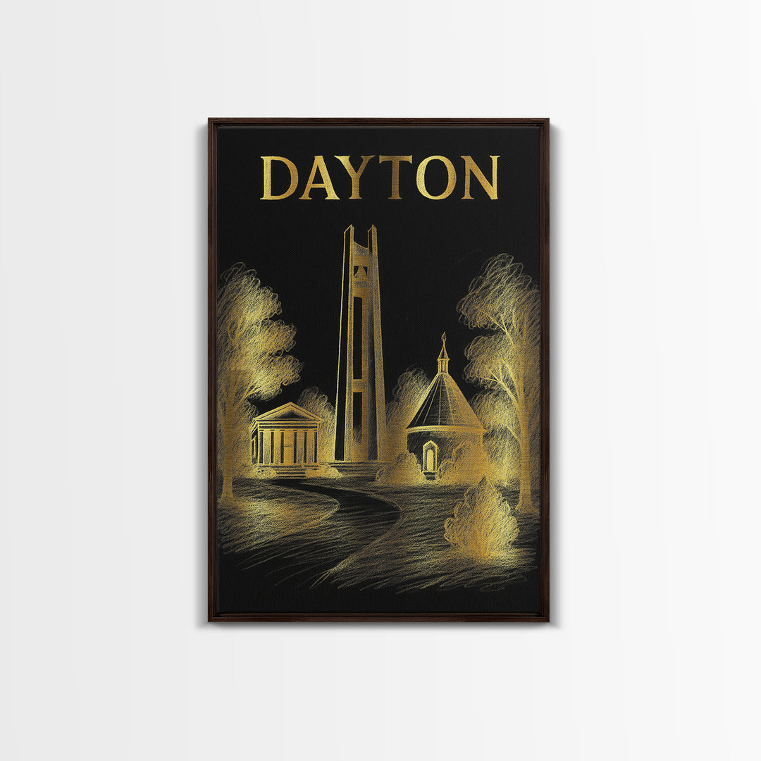 Dayton Ohio Travel Poster, Canvas Print, Black And Gold Line Art, Dayton Art Print, Travel Art Print, Gift For Travelers, Travel Print