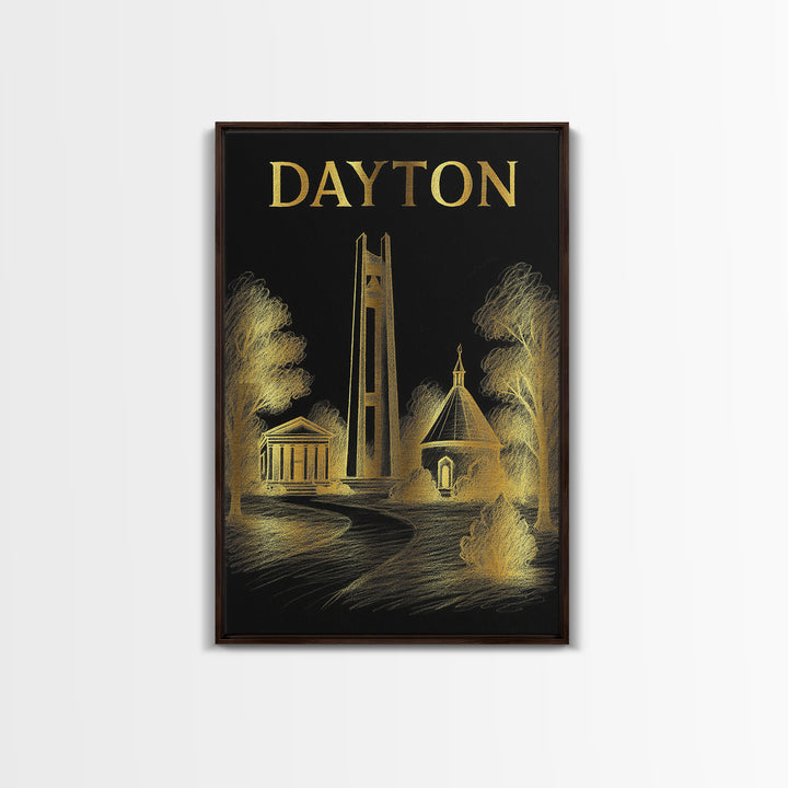 Dayton Ohio Travel Poster, Canvas Print, Black And Gold Line Art, Dayton Art Print, Travel Art Print, Gift For Travelers, Travel Print