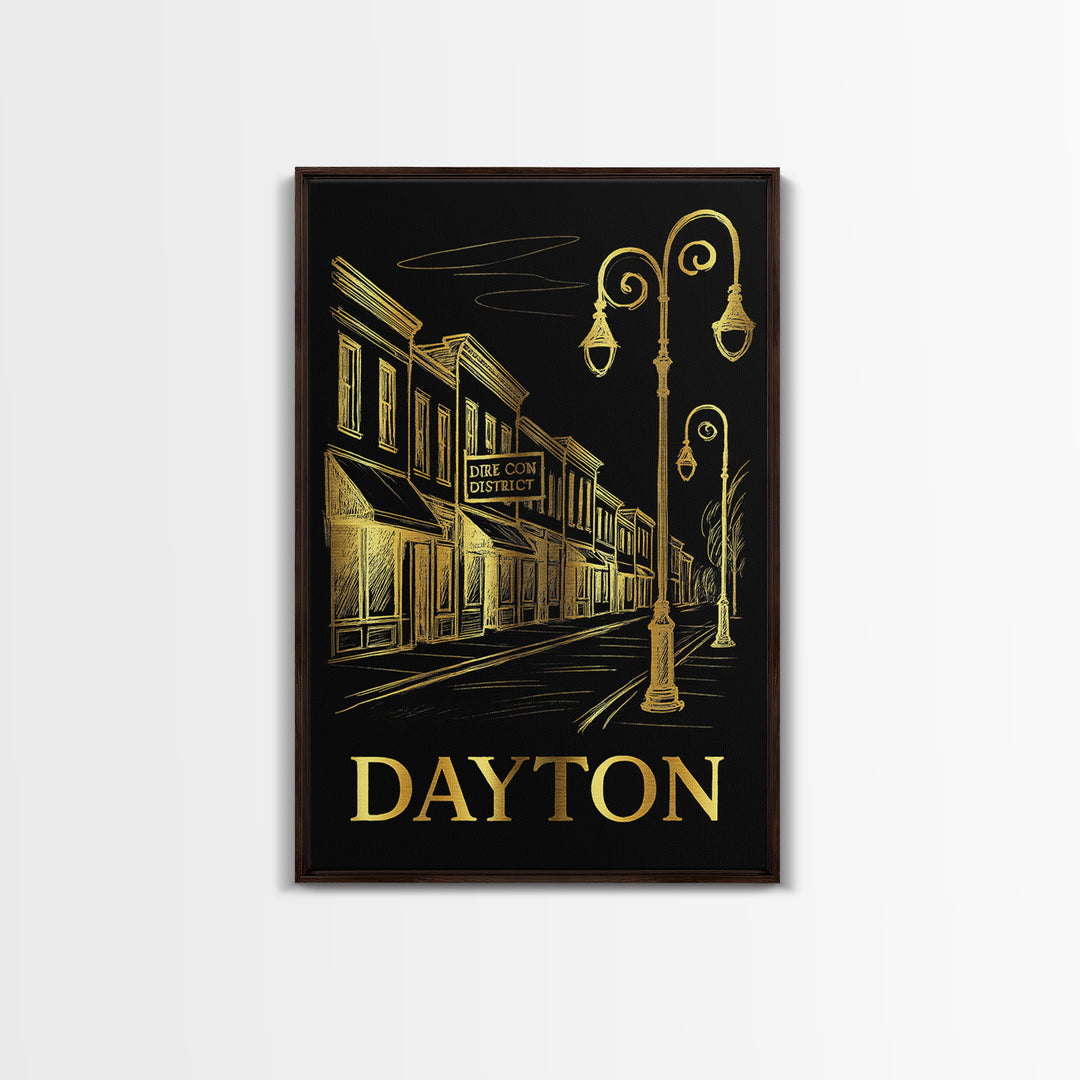 Dayton Travel Poster, Canvas Print, Gold Sketch Wall Art, Dayton City Art, Home Office Decor, Living Room Wall Art, Watercolor Skyline