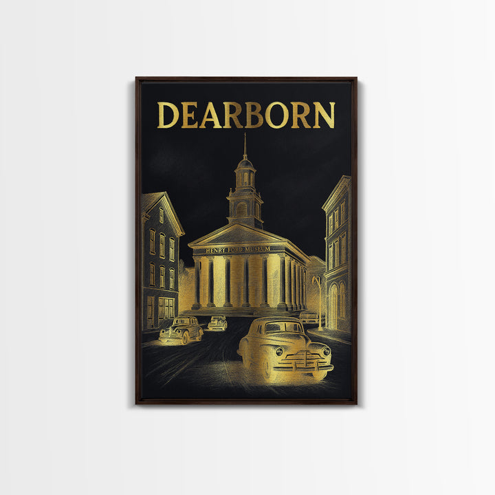Dearborn Travel Poster, Framed Canvas Print, Gold Sketch Wall Art, Dearborn Poster Print, Travel Poster Art, Wanderlust Decor, Design 1