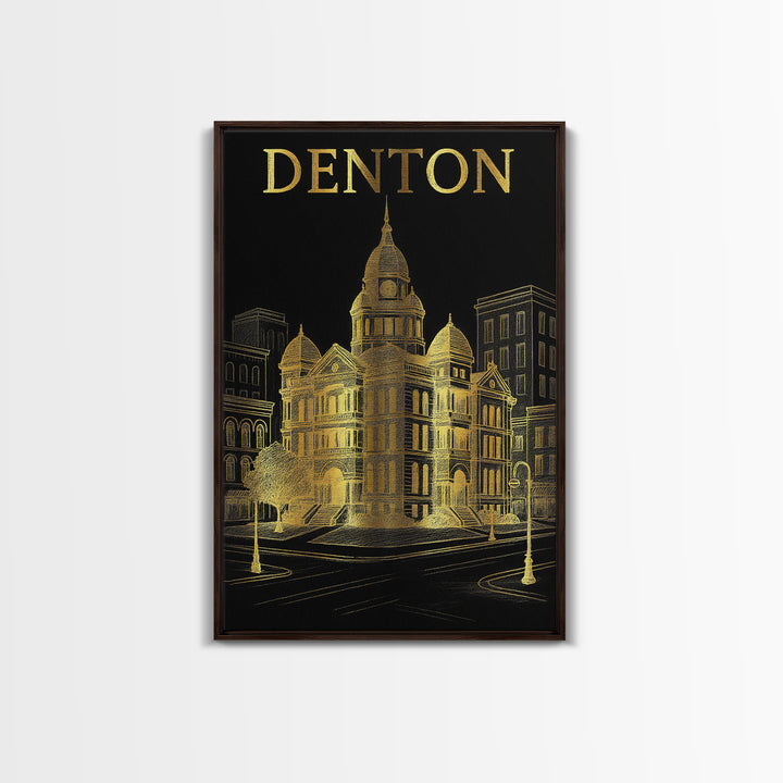 Denton Texas Travel Poster, Canvas Print, Black And Gold Line Art, Denton Travel Art, Vintage Travel Art, Travel Poster Art, Poster Art