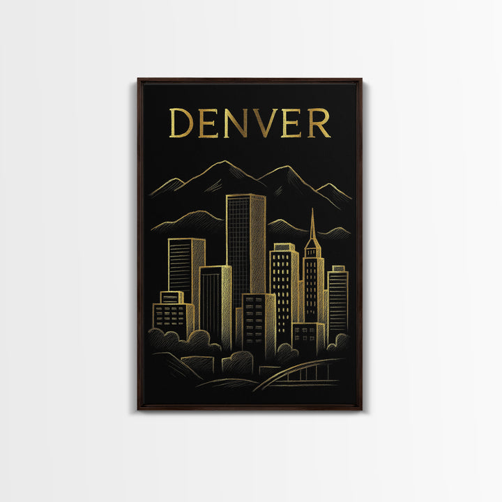 Denver Colorado Travel Poster, Canvas Print, Gold Sketch Wall Art, Denver Poster Print, Gift For Travelers, City Travel Prints, Poster Art