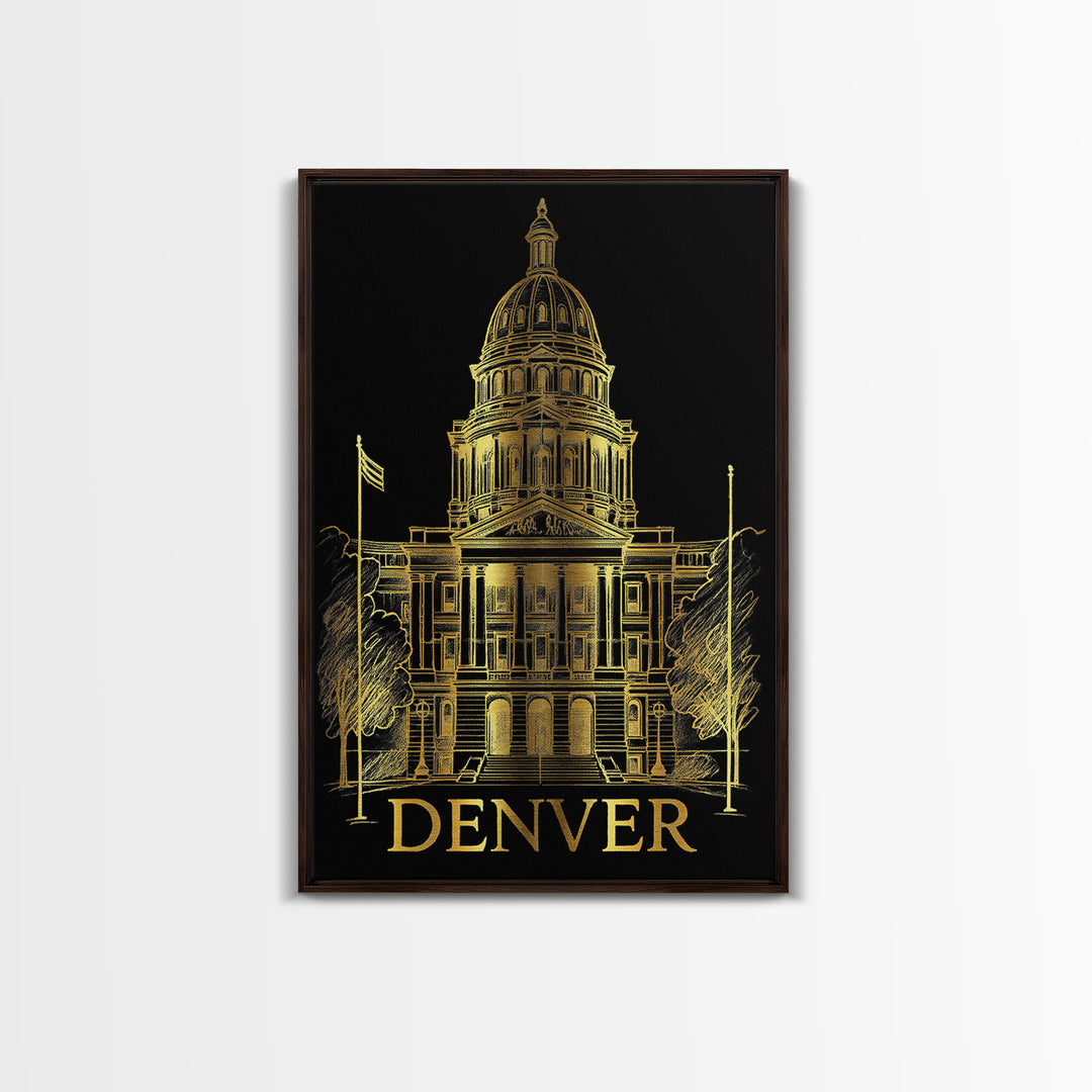 Denver Travel Poster, Framed Canvas Print, Black And Gold Line Art, Denver Travel Art, Fine Art Print, Travel Wall Decor, Home Office Decor
