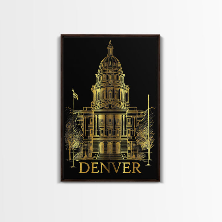 Denver Travel Poster, Framed Canvas Print, Black And Gold Line Art, Denver Travel Art, Fine Art Print, Travel Wall Decor, Home Office Decor