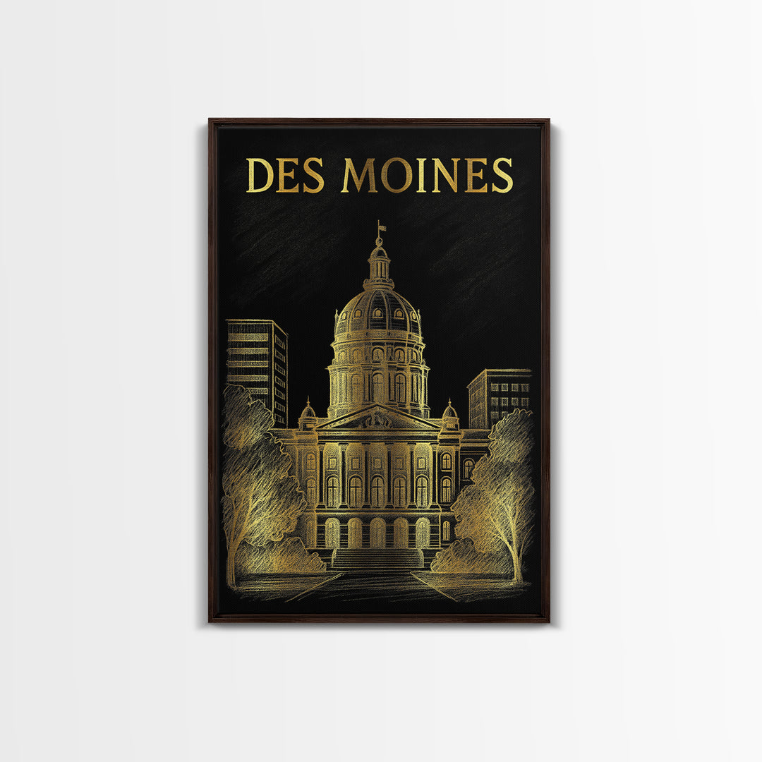 Des Moines Iowa Travel Poster, Canvas Print, Elegant Gold City Art, Des Moines Travel Art, Travel Art Print, Skyline Art, City Art Print