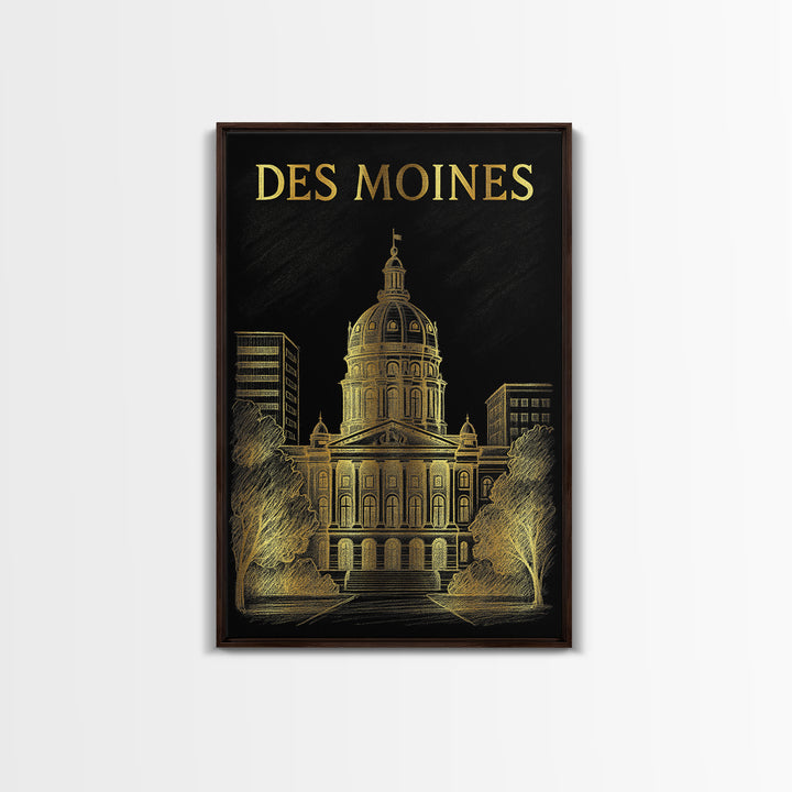 Des Moines Iowa Travel Poster, Canvas Print, Elegant Gold City Art, Des Moines Travel Art, Travel Art Print, Skyline Art, City Art Print