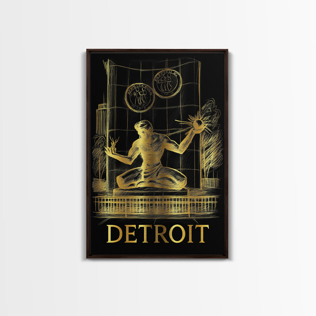 Detroit Travel Poster, Canvas Print, Gold Sketch Wall Art, Detroit Travel Art, Mid Century Wall Art, City Travel Prints, Home Office Decor