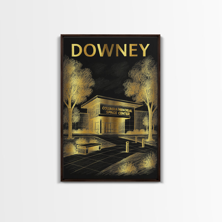 Downey California Travel Poster, Canvas Print, Gold Sketch Wall Art, Downey Wall Art, Travel Art, Vintage City Poster, Retro Travel Print