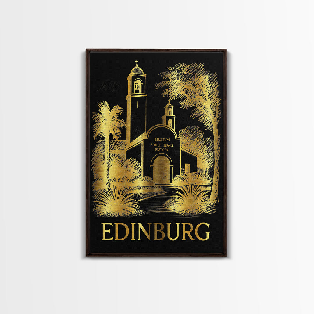Edinburg Travel Poster, Framed Canvas Print, Black And Gold Line Art, Edinburg City Art, Retro Travel Print, Travel Art Print, Design 2