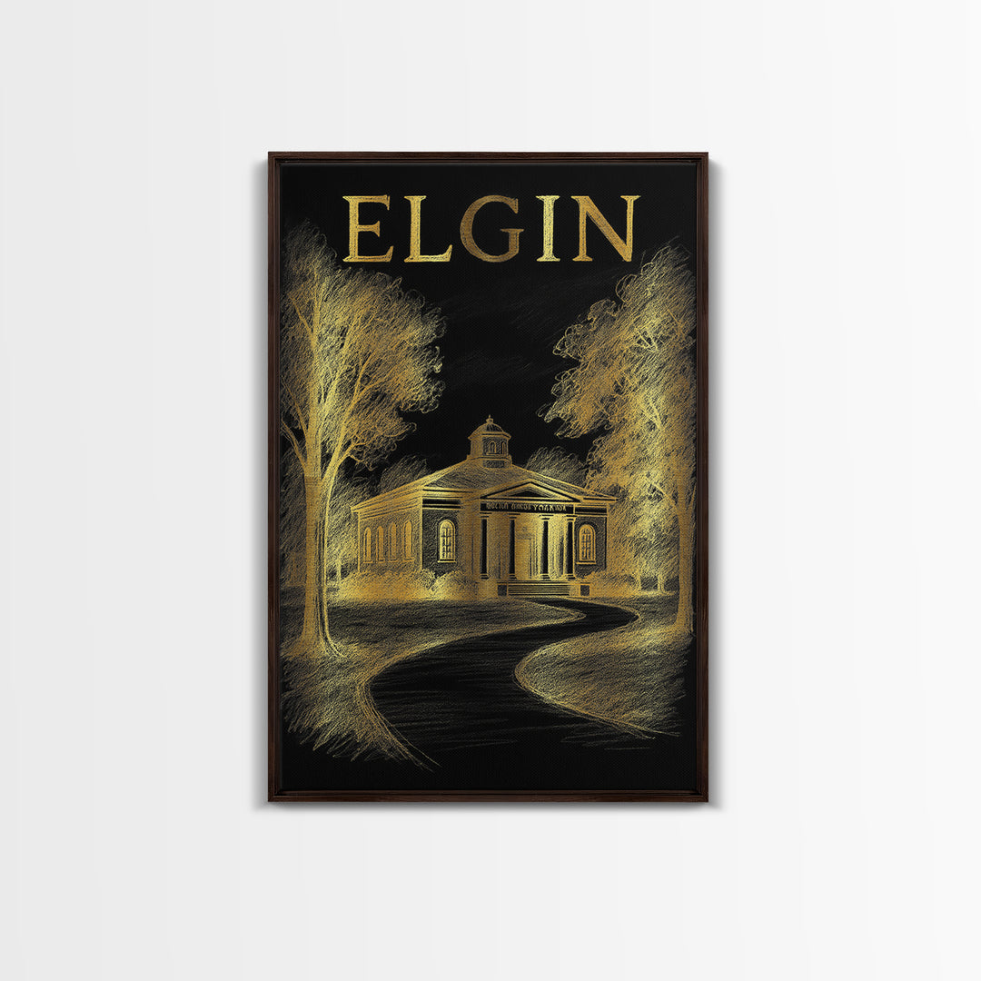 Elgin Illinois Travel Poster, Canvas Print, Gold Sketch Wall Art, Elgin City Art, Wall Art, Travel Poster Art, Retro Travel Print