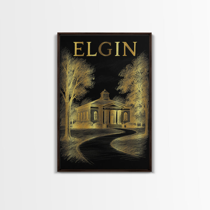 Elgin Illinois Travel Poster, Canvas Print, Gold Sketch Wall Art, Elgin City Art, Wall Art, Travel Poster Art, Retro Travel Print