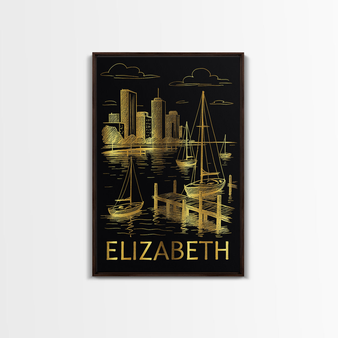 Elizabeth Travel Poster, Framed Canvas Print, Gold Sketch Wall Art, Elizabeth Art Print, Travel Art Print, Wanderlust Decor, Poster Print