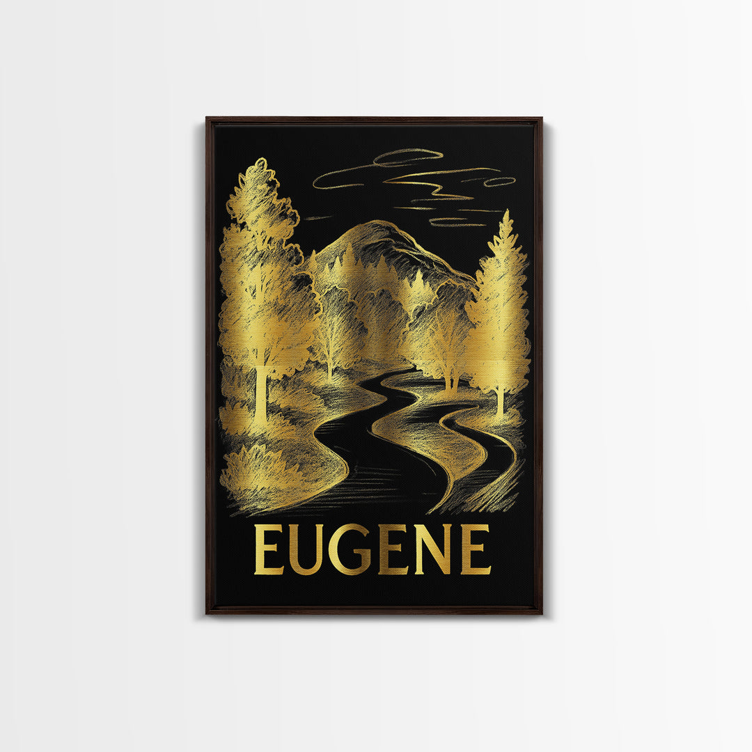 Eugene Travel Poster, Canvas Print, Black And Gold Line Art, Eugene Wall Art, Gift For Travelers, Living Room Wall Art, Wanderlust Decor