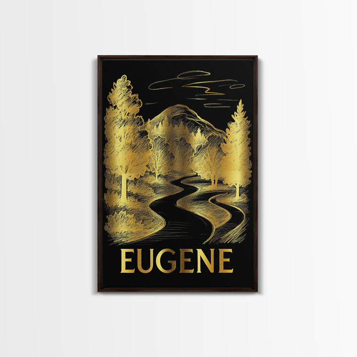 Eugene Travel Poster, Canvas Print, Black And Gold Line Art, Eugene Wall Art, Gift For Travelers, Living Room Wall Art, Wanderlust Decor