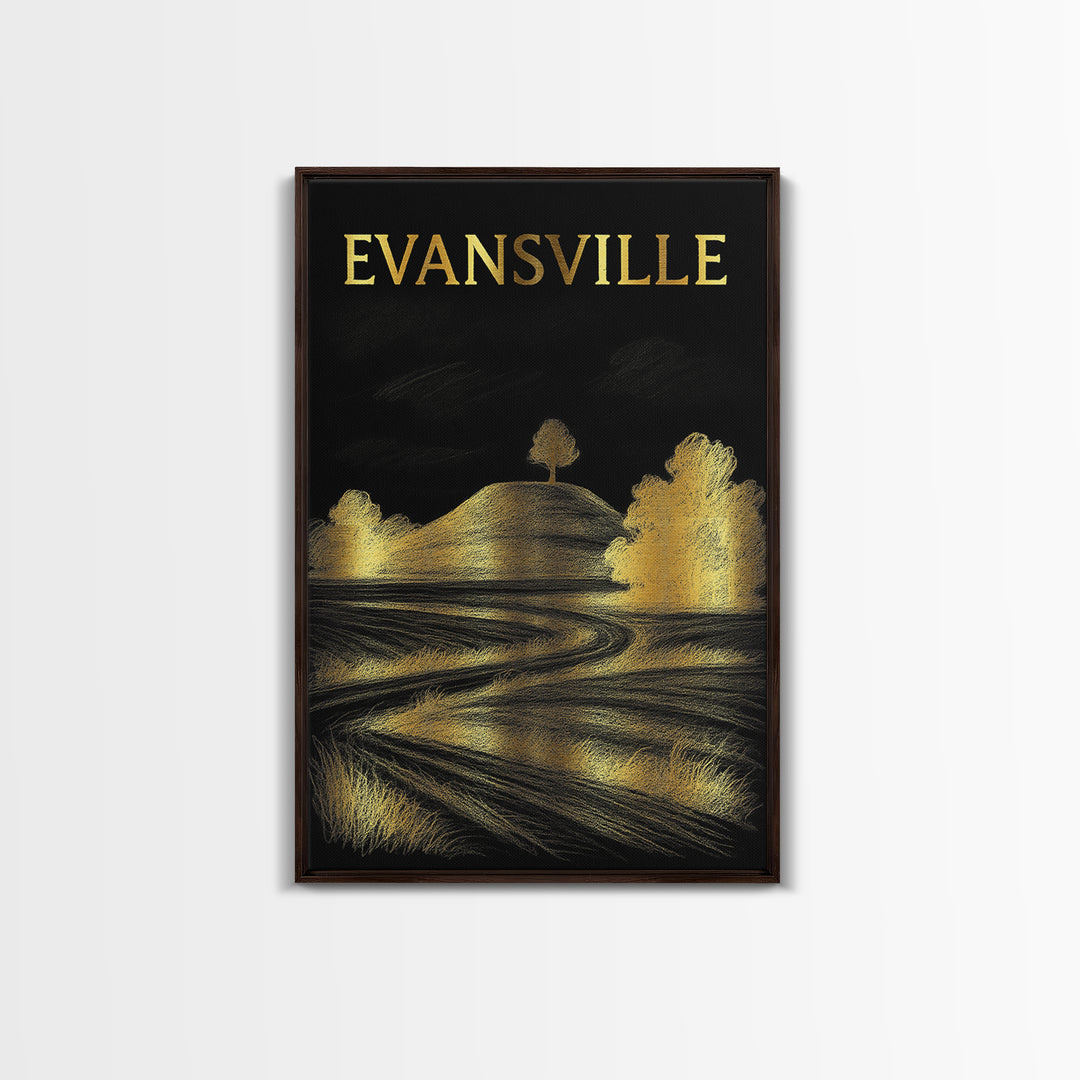 Evansville Indiana Travel Poster, Canvas Print, Elegant Gold City Art, Evansville Wall Art, City Art Print, Travel Wall Decor, Home Decor