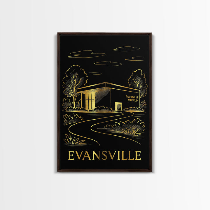 Evansville Travel Poster, Framed Canvas Print, Black And Gold Line Art, Evansville City Art, Home Office Decor, Mid Century Wall Art