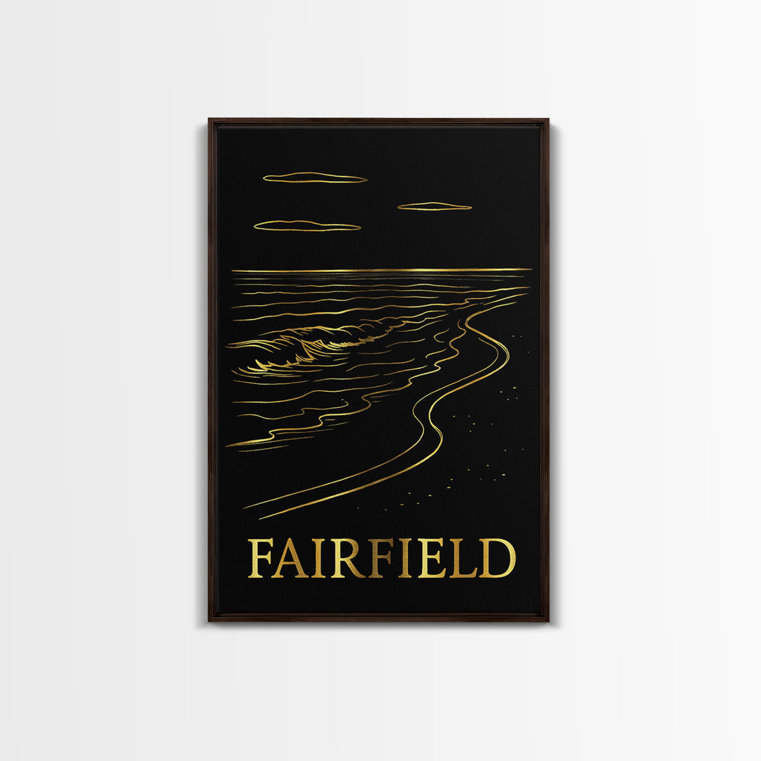 Fairfield Travel Poster, Framed Canvas Print, Black And Gold Line Art, Fairfield City Art, City Travel Prints, Watercolor Urban Skyline