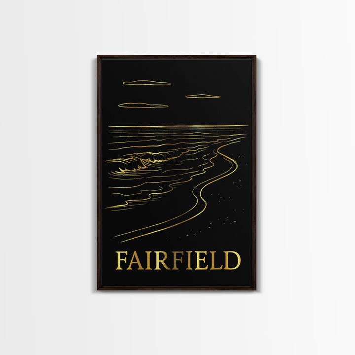 Fairfield Travel Poster, Framed Canvas Print, Black And Gold Line Art, Fairfield City Art, City Travel Prints, Watercolor Urban Skyline