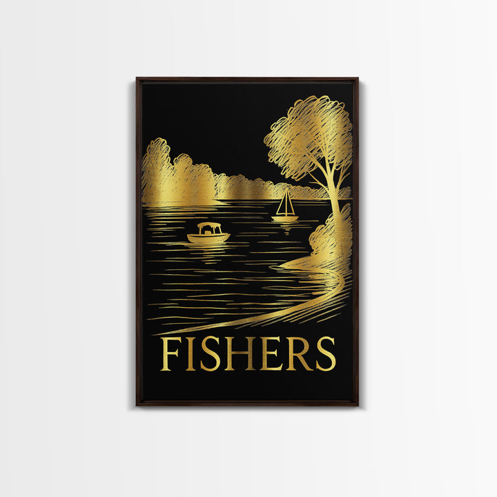 Fishers Travel Poster, Framed Canvas Print, Black And Gold Line Art, Fishers Travel Art, Vintage Travel Art, Vintage Travel Print