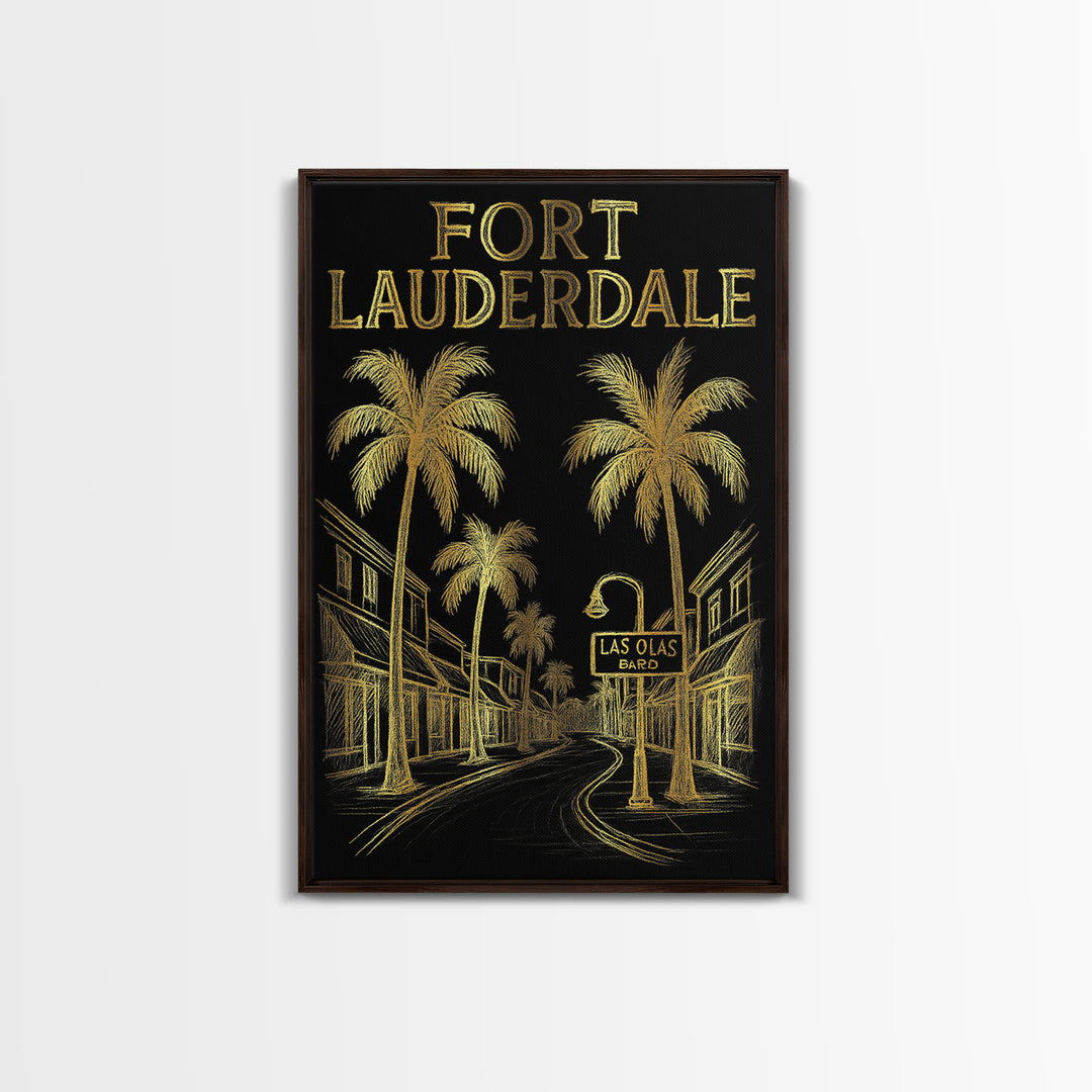 Fort Lauderdale Florida Travel Poster, Canvas Print, Elegant Gold City Art, Fort Lauderdale City Art, Travel Art Print, Watercolor Cityscape