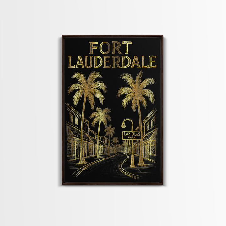 Fort Lauderdale Florida Travel Poster, Canvas Print, Elegant Gold City Art, Fort Lauderdale City Art, Travel Art Print, Watercolor Cityscape