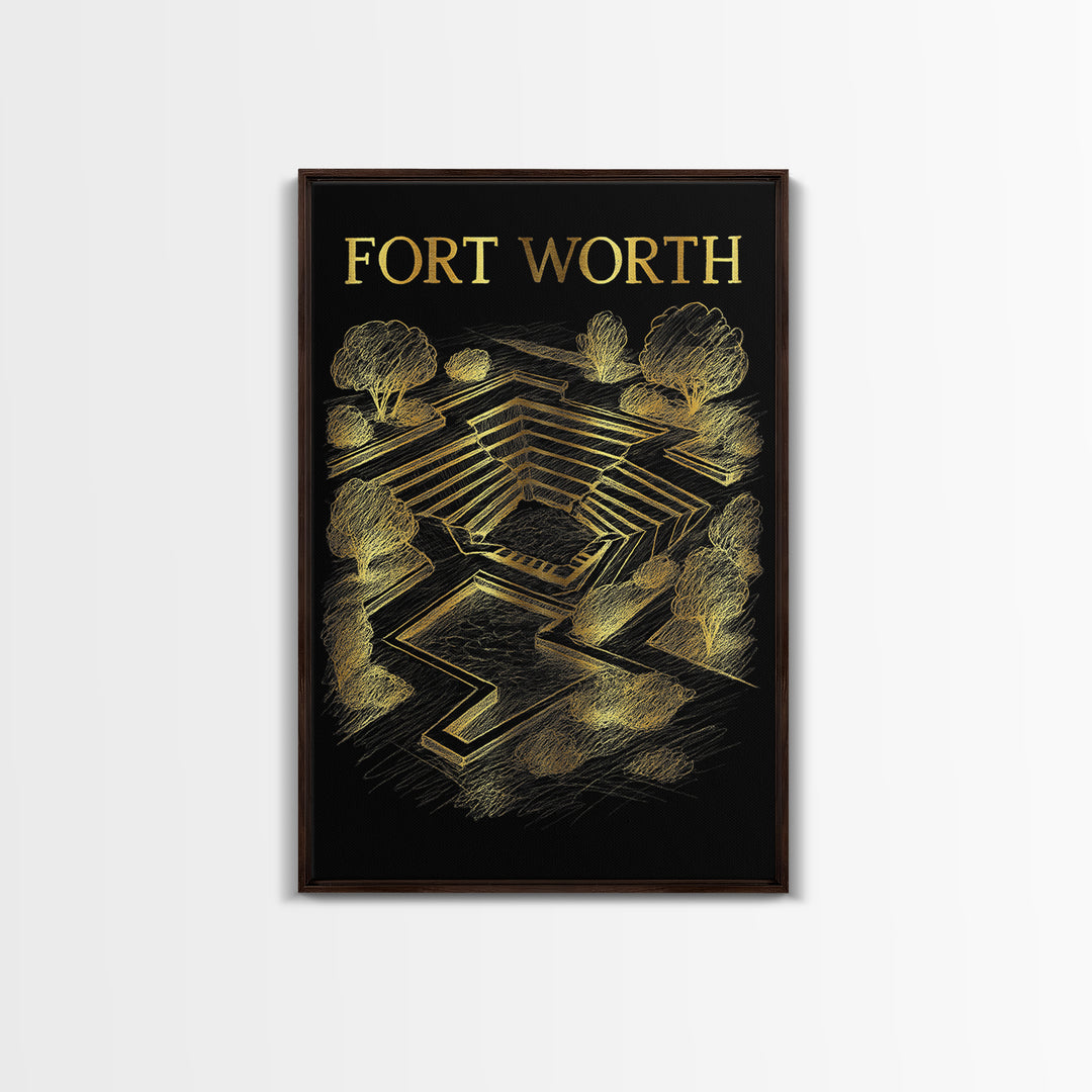 Fort Worth Texas Travel Poster, Framed Canvas Print, Gold Sketch Wall Art, Fort Worth City Art, City Illustration, Travel Wall Decor
