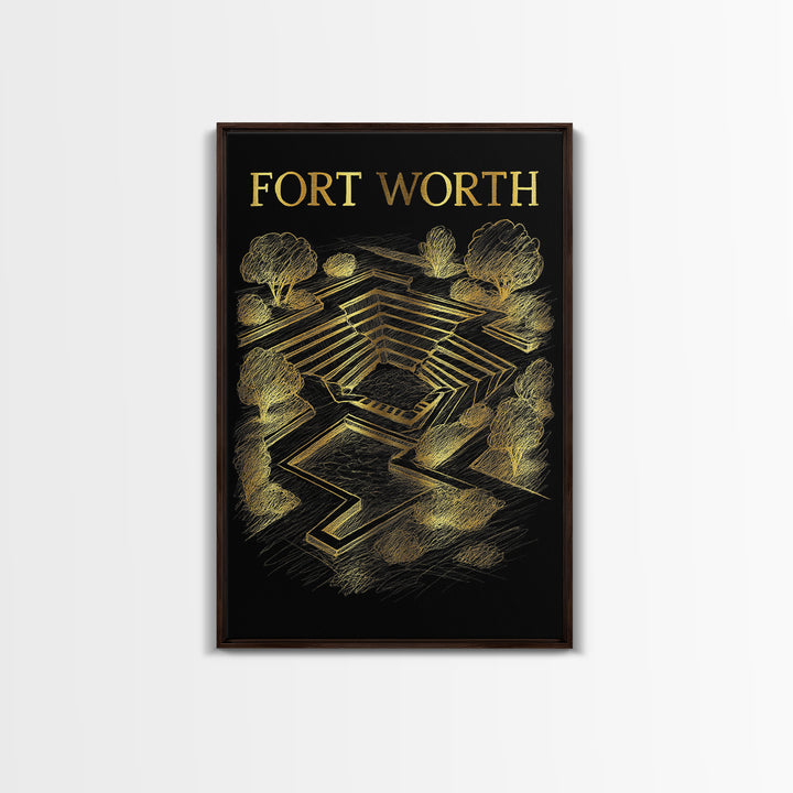 Fort Worth Texas Travel Poster, Framed Canvas Print, Gold Sketch Wall Art, Fort Worth City Art, City Illustration, Travel Wall Decor