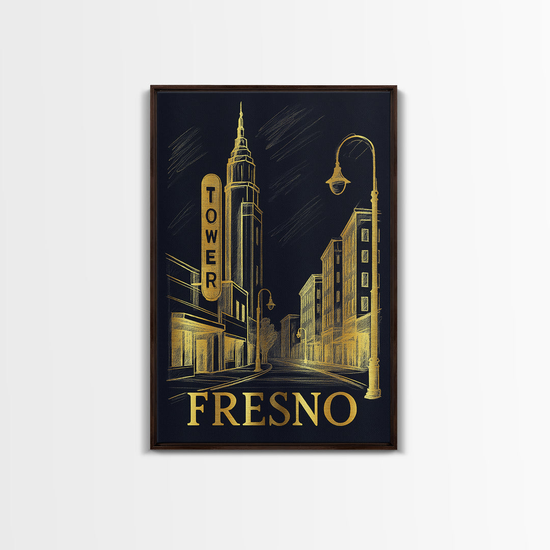 Fresno Travel Poster, Framed Canvas Print, Dark Background Poster Art, Fresno Wall Art, City Illustration, Vintage Travel Art, Design 2