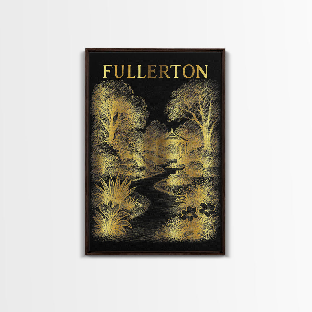 Fullerton California Travel Poster, Framed Canvas Print, Gold Sketch Wall Art, Fullerton Art Print, Home Office Decor, Retro Travel Print