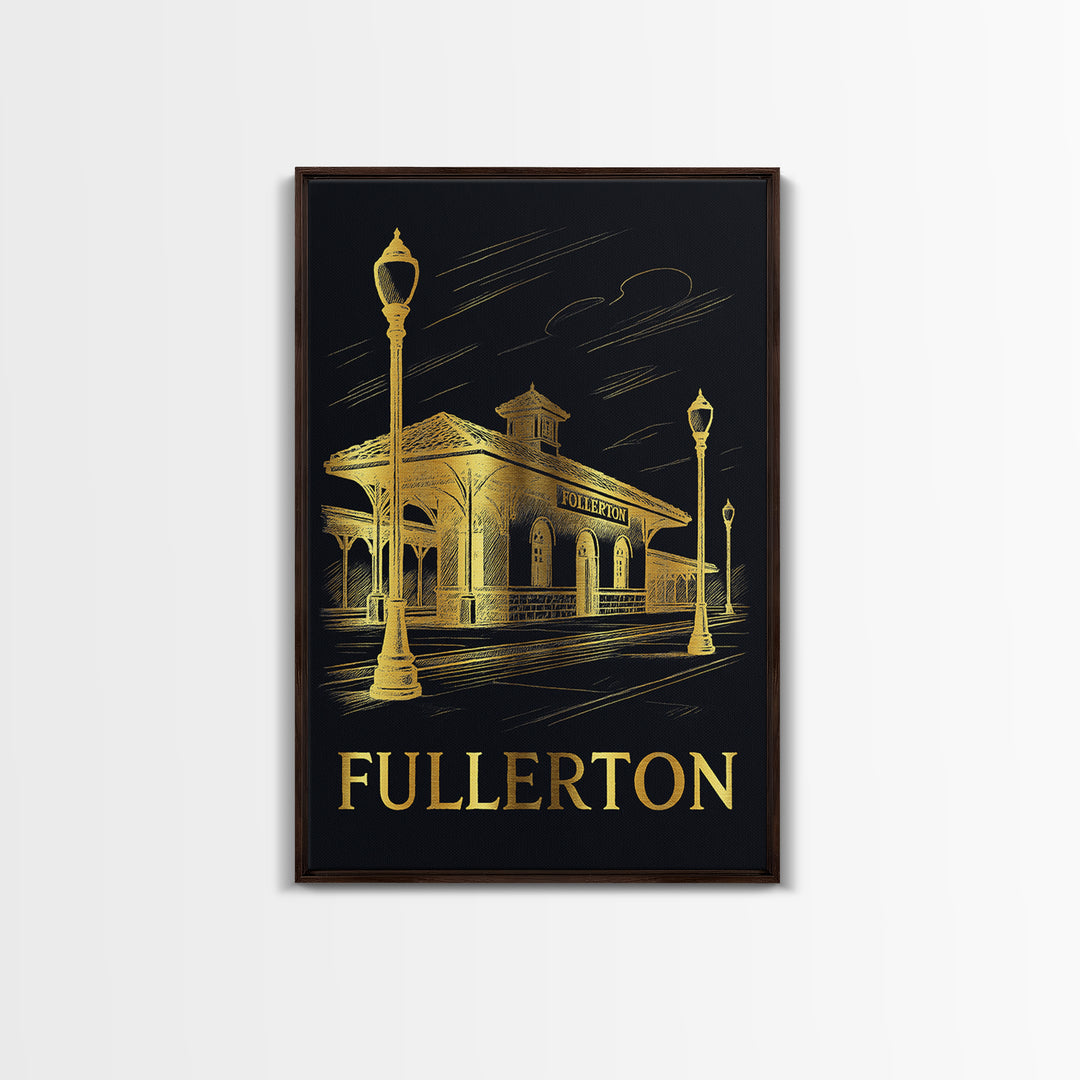 Fullerton Travel Poster, Framed Canvas Print, Black And Gold Line Art, Fullerton City Art, City Travel Prints, Retro Travel Print