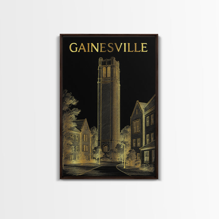 Gainesville Florida Travel Poster, Framed Canvas Print, Black And Gold Line Art, Gainesville Wall Art, Watercolor Skyline, City Art Print
