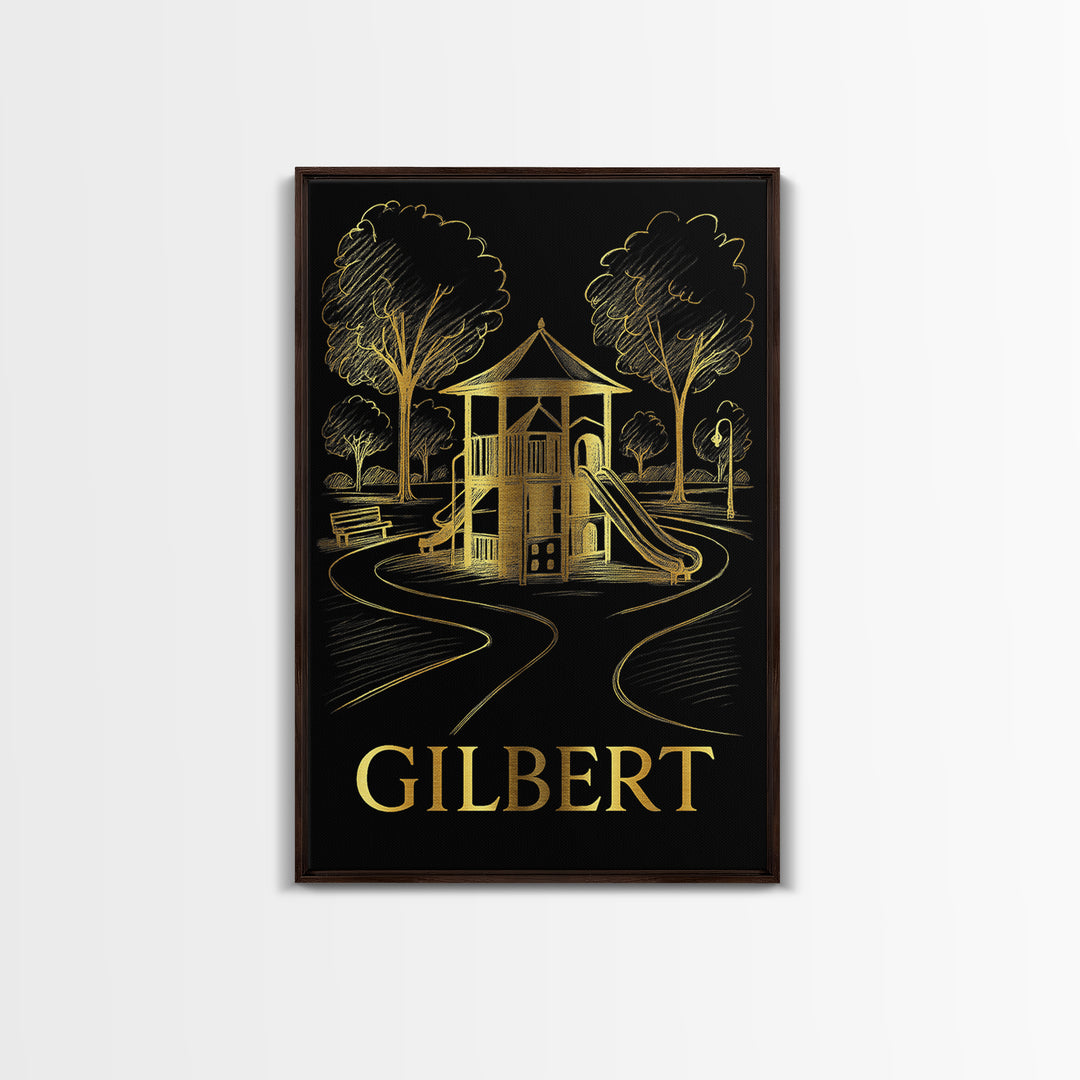 Gilbert Travel Poster, Framed Canvas Print, Gold Sketch Wall Art, Gilbert City Art, Travel Art Print, Eclectic Wall Decor, Fine Art Print