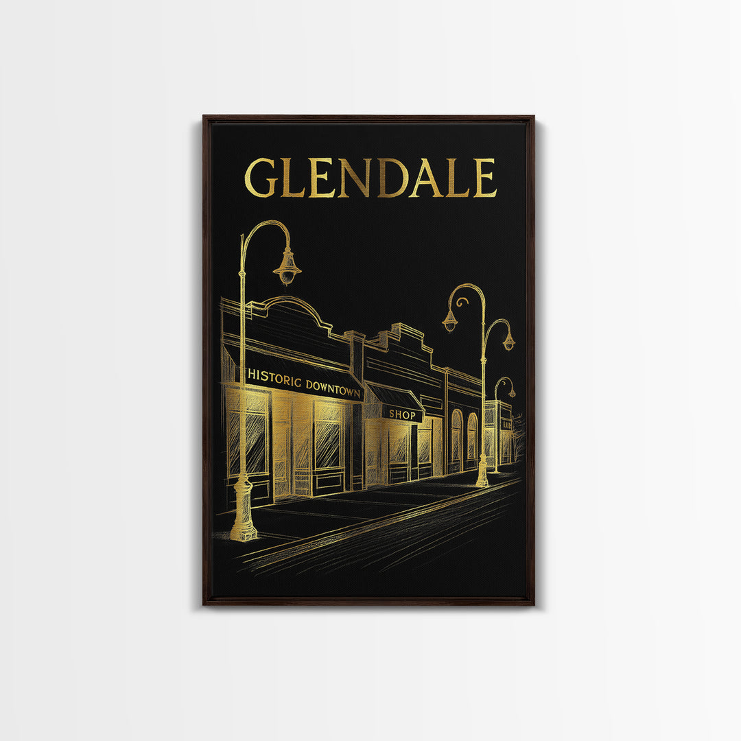 Glendale Travel Poster, Canvas Print, Black And Gold Line Art, Glendale Poster Print, Vintage City Poster, Travel Poster Art, Wall Art