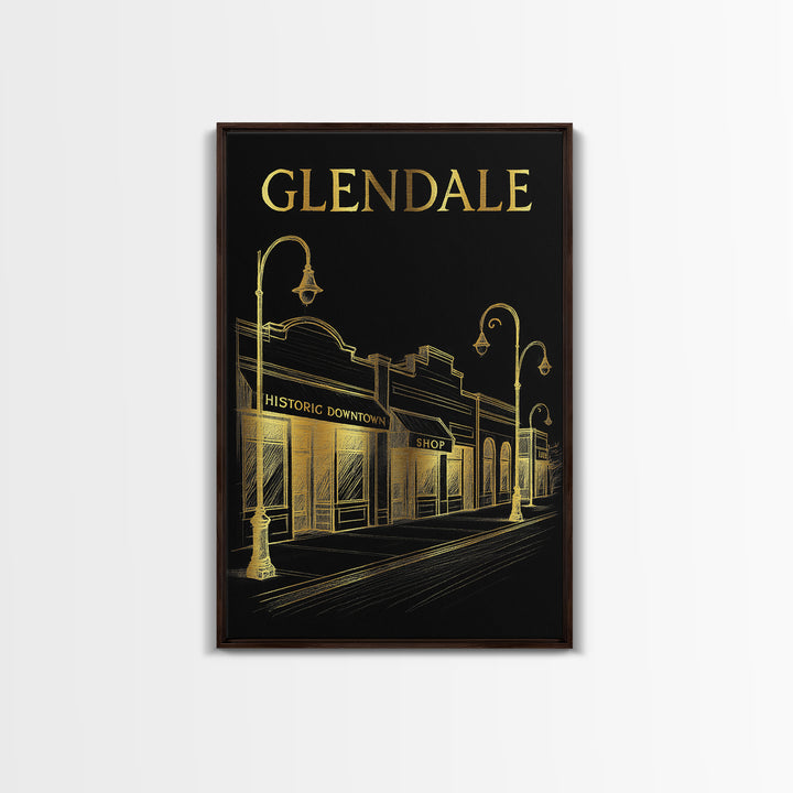 Glendale Travel Poster, Canvas Print, Black And Gold Line Art, Glendale Poster Print, Vintage City Poster, Travel Poster Art, Wall Art