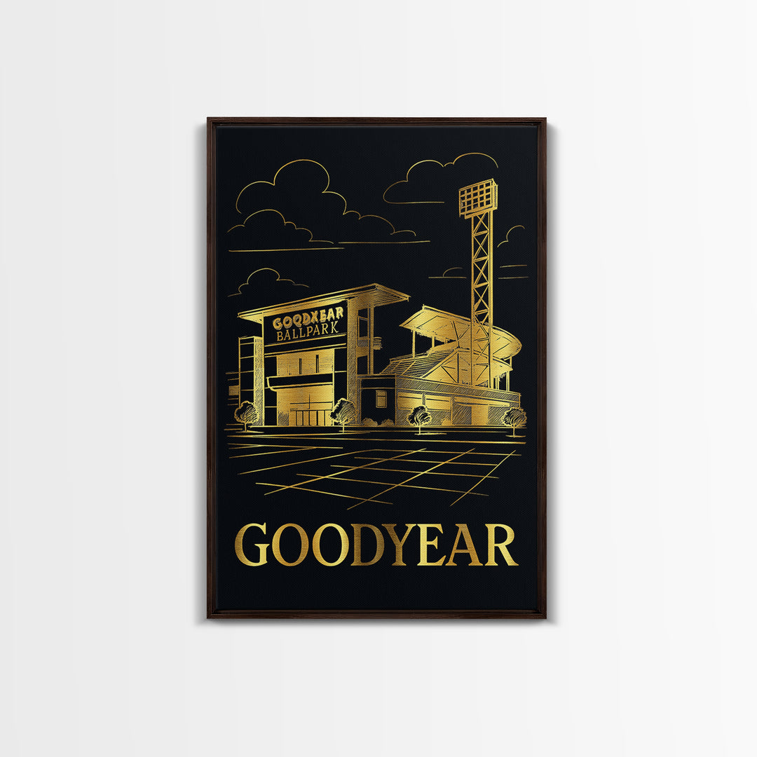 Goodyear Travel Poster, Framed Canvas Print, Gold Sketch Wall Art, Goodyear Travel Art, Eclectic Wall Decor, Living Room Wall Art