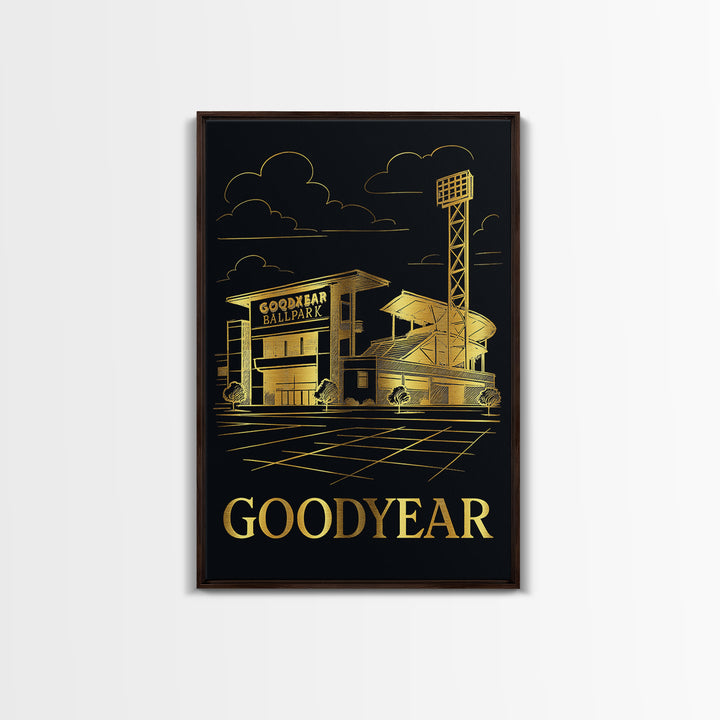 Goodyear Travel Poster, Framed Canvas Print, Gold Sketch Wall Art, Goodyear Travel Art, Eclectic Wall Decor, Living Room Wall Art