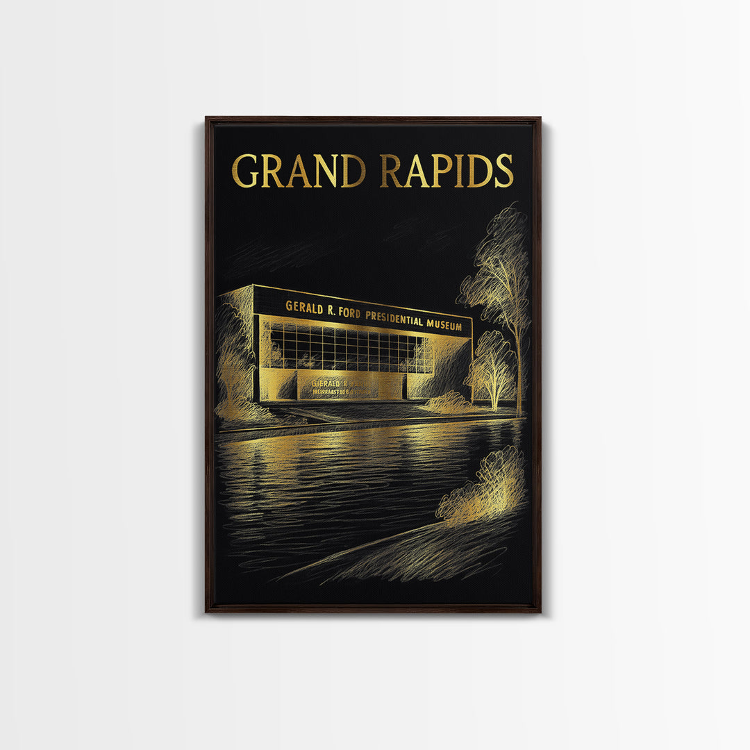 Grand Rapids Michigan Travel Poster, Canvas Print, Elegant Gold City Art, Grand Rapids Travel Art, Vintage City Art, Vintage City Poster