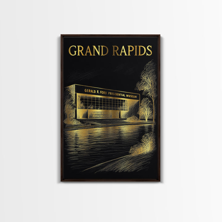 Grand Rapids Michigan Travel Poster, Canvas Print, Elegant Gold City Art, Grand Rapids Travel Art, Vintage City Art, Vintage City Poster