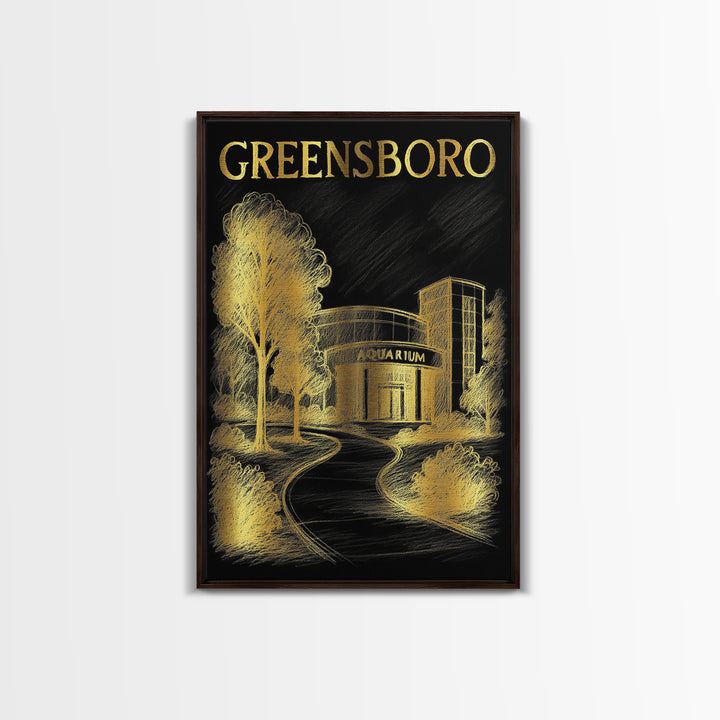 Greensboro North Carolina Travel Poster, Canvas Print, Black And Gold Line Art, Greensboro Travel Art, City Poster, Gift For Travelers