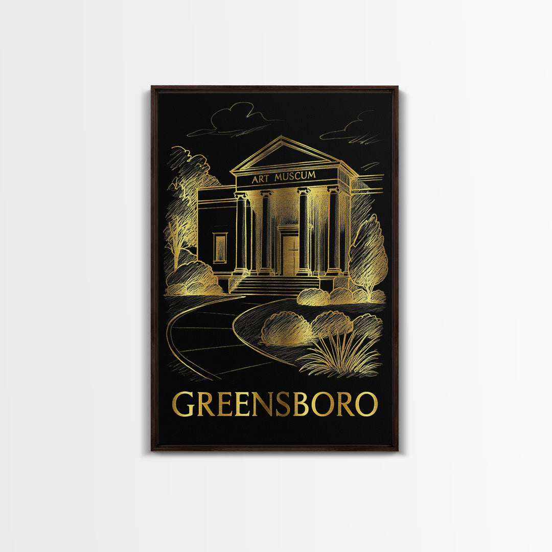 Greensboro Travel Poster, Framed Canvas Print, Black And Gold Line Art, Greensboro Poster Print, Travel Poster Set, Retro Travel Print